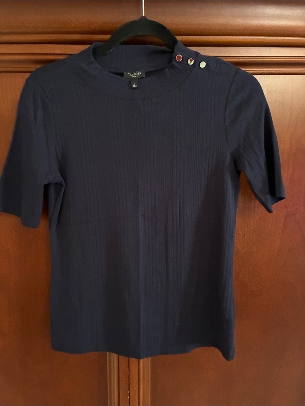 Talbots Navy Ribbed Short-Sleeve Top with Shoulder Snap Accents